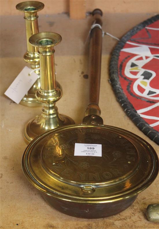 Pair of brass candlesticks & a Tinners Arms, Zennor miniature warming pan